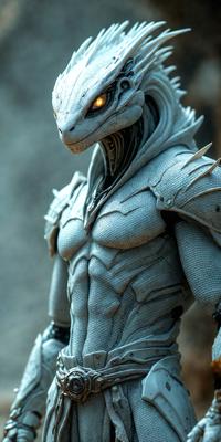 The primary subject of the image is a robotic character, possibly a dragon or a futuristic creature, with a metallic appearance. The robot is wearing a hood and has a menacing expression. The setting is a dark environment, which adds to the overall mood of the image. The visual style is a combination of digital art and illustration, creating a unique and intriguing scene. The colors are predominantly dark, with some metallic tones, which contribute to the robot's futur